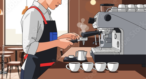 A skilled barista meticulously prepares multiple cups of freshly brewed coffee using a professional espresso machine in a modern and inviting coffee shop, emphasizing quality and service