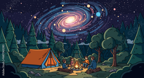 A magical night of camping with friends around a bonfire, gazing at the cosmic spiral galaxy in a peaceful forest setting