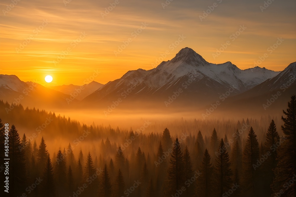 Fototapeta premium Windows 11 Wallpaper: Golden sunrise over foggy mountain landscape with forest silhouettes and warm morning atmosphere
