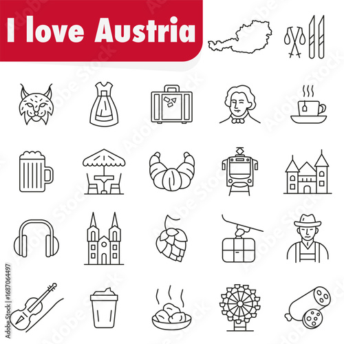 Set of icons of symbols of Austria. Suitable for content about culture, history and heritage of Austria.