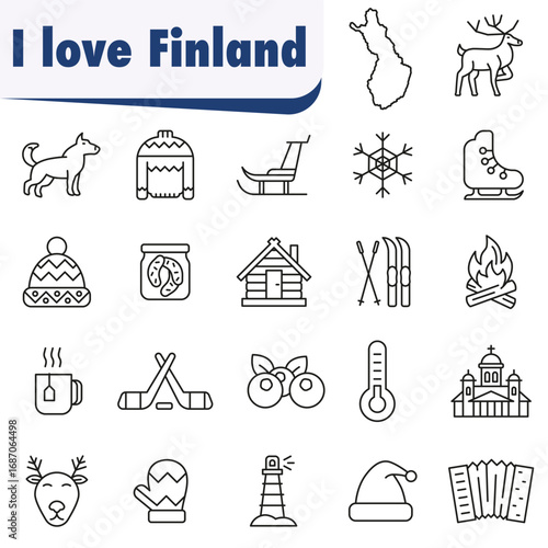 Finland symbols icon set. Suitable for content about Finnish culture, history and heritage.