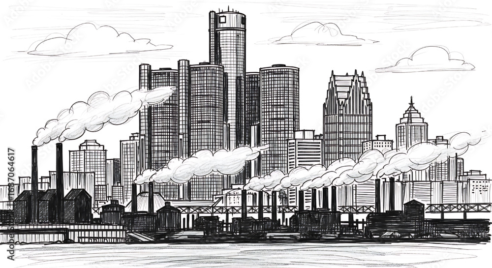 Obraz premium Hand-drawn sketch of the Detroit, Michigan skyline. Detailed black and white vector illustration of the Motor City's industrial architecture.