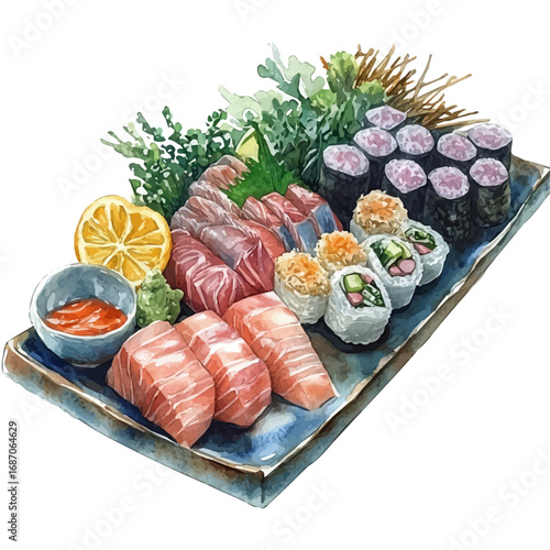 Sashimi, watercolor drawing vector, isolated on a white background.