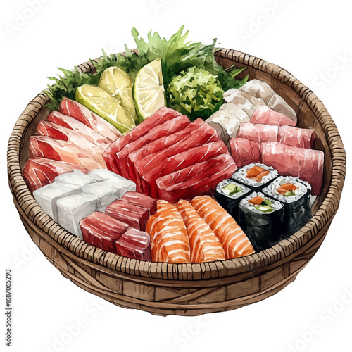Sashimi, watercolor clipart vector, isolated on a white background.