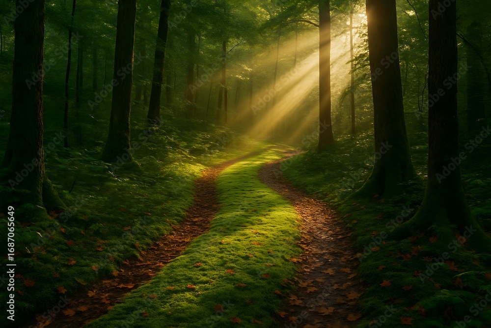 Fototapeta premium Windows 11 Wallpaper: Mossy trail through dense sunlit forest with soft golden rays creating magical atmosphere and tranquil nature scene