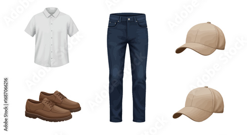 Casual men's outfit composition: stylish shirt, denim jeans, leather shoes and a cap