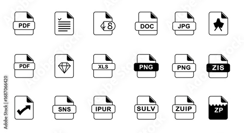 Collection of File Format Icons Representing Document Types and Extensions