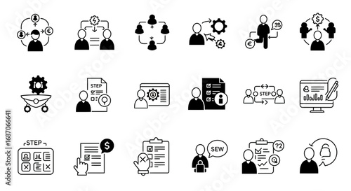 Conceptual Business and Management Icons Set Illustrating Various Aspects of Teamwork