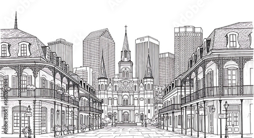 Hand-drawn sketch of a New Orleans French Quarter street scene. Detailed black and white vector illustration of the city's iconic architecture.