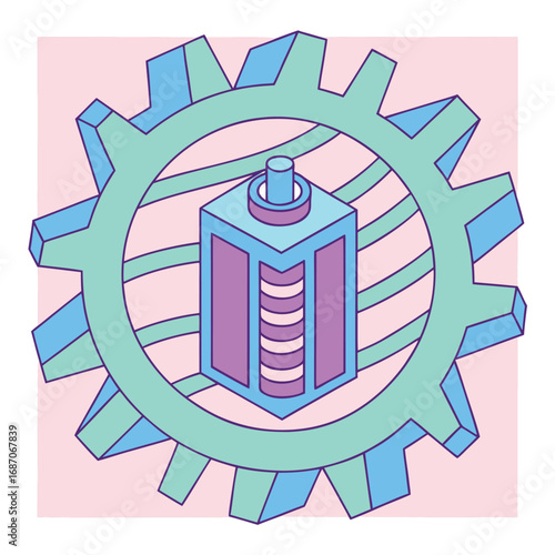Isometric Technology Illustration of a Futuristic Energy Storage Device Encased in a Gear Mechanism for Innovation and Efficiency with Mint Green and Blue Tones on a Pink Backdrop