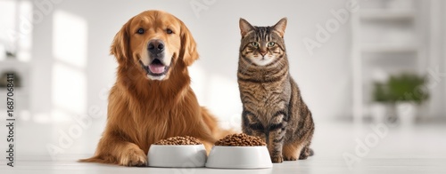The golden retriever and tabby cat enjoying mealtime together in a bright home.