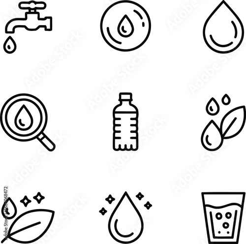 Illustrative Water Quality and Conservation Pictograms Representing Essential Resources with Cleanliness, Refreshment, Purity, and Hydration for Ecological Balance and Sustainability