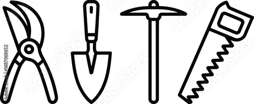 Essential Gardening Tools Icons Illustrating Pruning Shears, a Trowel, a Pickaxe, and Hand Saw Symbols for Horticulture Projects and Landscaping Designs