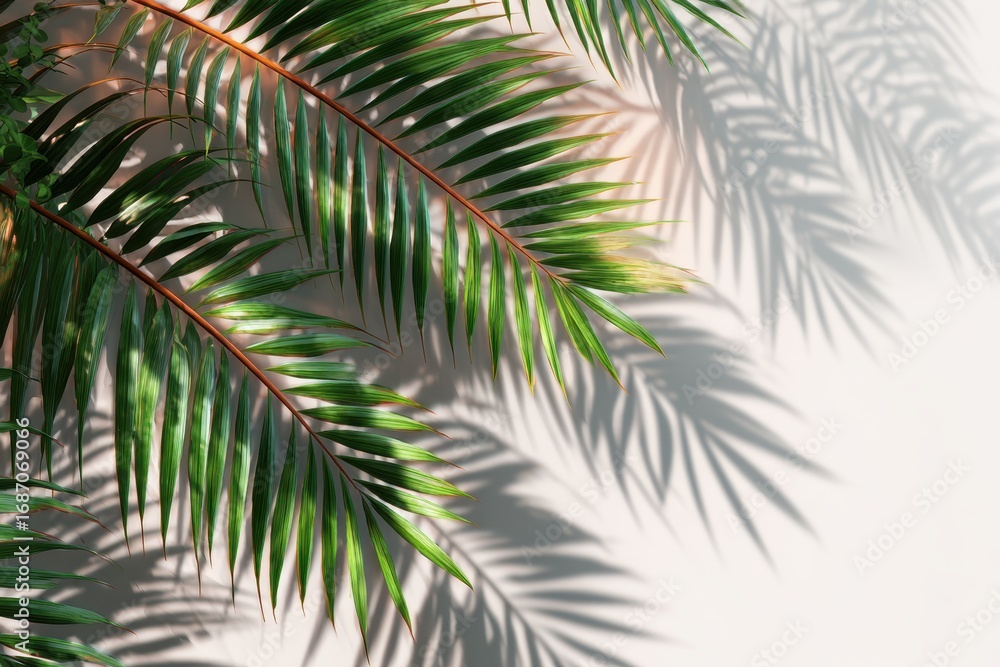 Fototapeta premium shadow overlay effects of realistic palm branch leaf shadow with light blur on transparent background, summer sunlight and shadow overlay effect, natural shadow of tropical plants