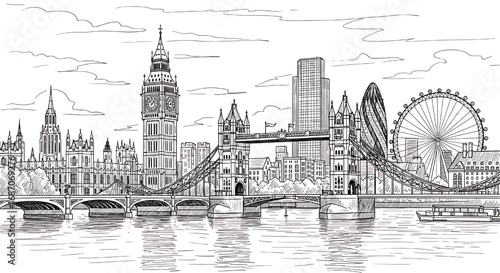 Detailed hand-drawn illustration of the London skyline over the River Thames. Sketch includes Tower Bridge, Big Ben, and the London Eye.