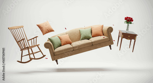 Floating furniture arrangement with sofa, rocking chair, table, pillows and roses
