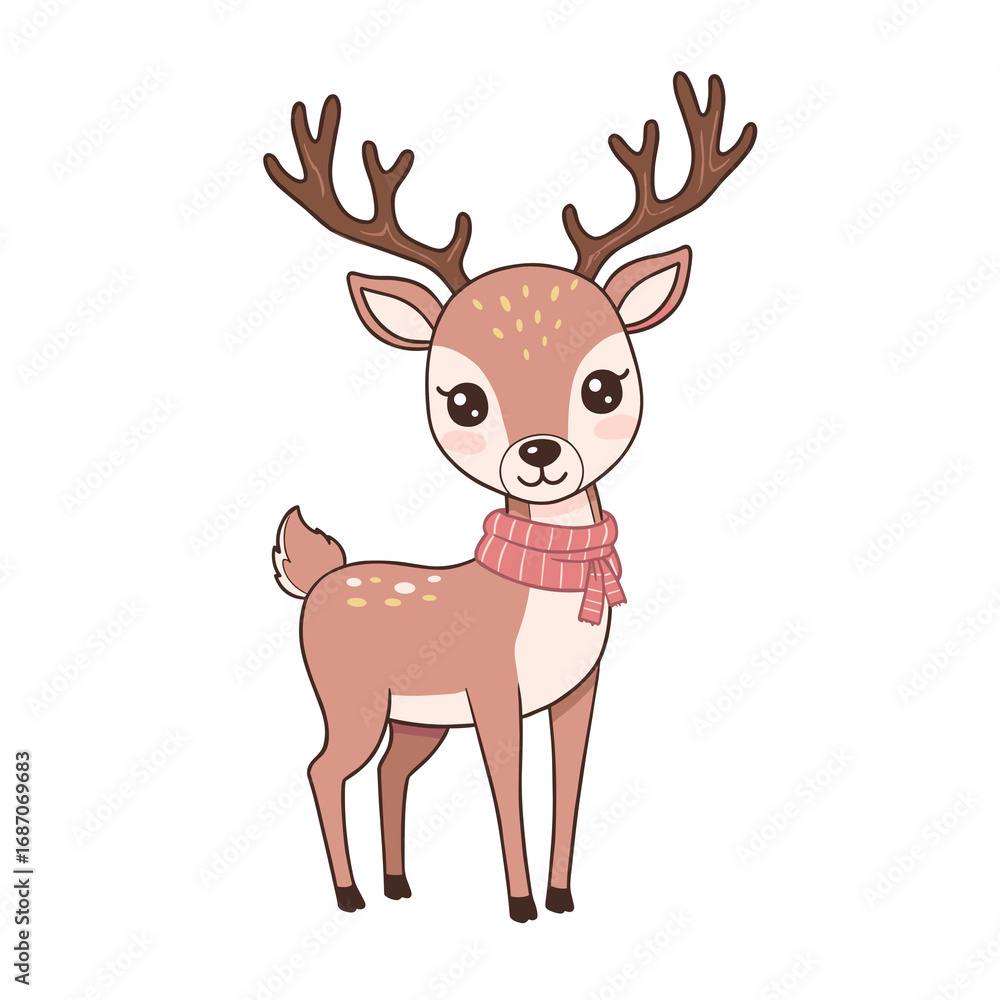 Fototapeta premium Cute cartoon reindeer in a scarf, illustration isolated winter christmas illustration with festive design and holiday decoration for seasonal art