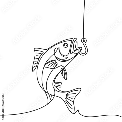 One line drawing of a fish being caught on a hook