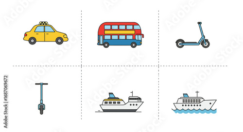 Illustration of different transportation options including car, bus, scooter and ship