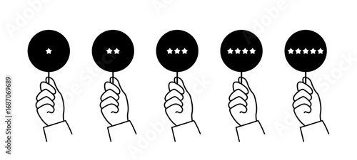 Hands hold score cards displaying different ratings