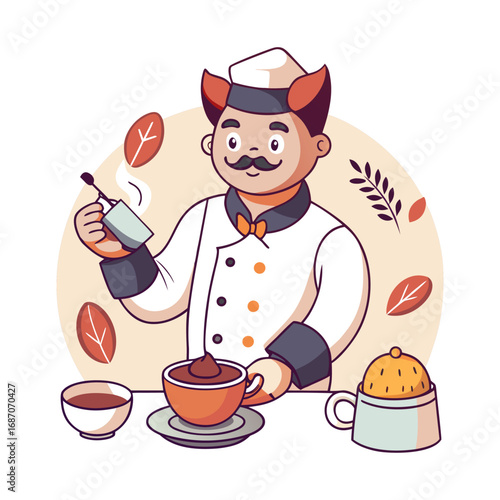Creative male barista chef making latte art cat design, modern coffee illustration for café branding, restaurant logo, beverage artwork