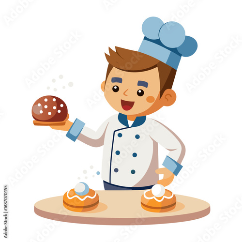 Creative vector illustration of male chef sprinkling powdered sugar on floating donuts, perfect for bakery, dessert, cooking and food branding.