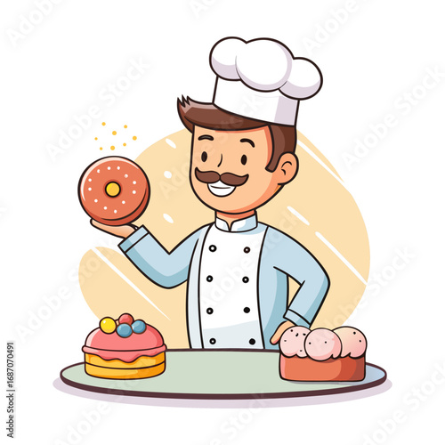 Creative vector illustration of male chef sprinkling powdered sugar on floating donuts, perfect for bakery, dessert, cooking and food branding.