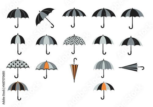 Collection of various open and closed umbrellas in different patterns and colors