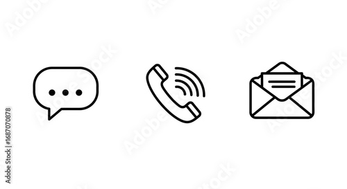 Simple communication icon set showcasing message phone and email on white backdrop