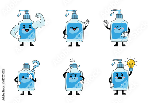Cute animated hand sanitizer bottle characters in different poses