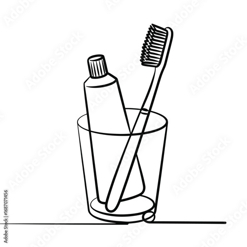 Simple line drawing of toothbrush and toothpaste in a glass