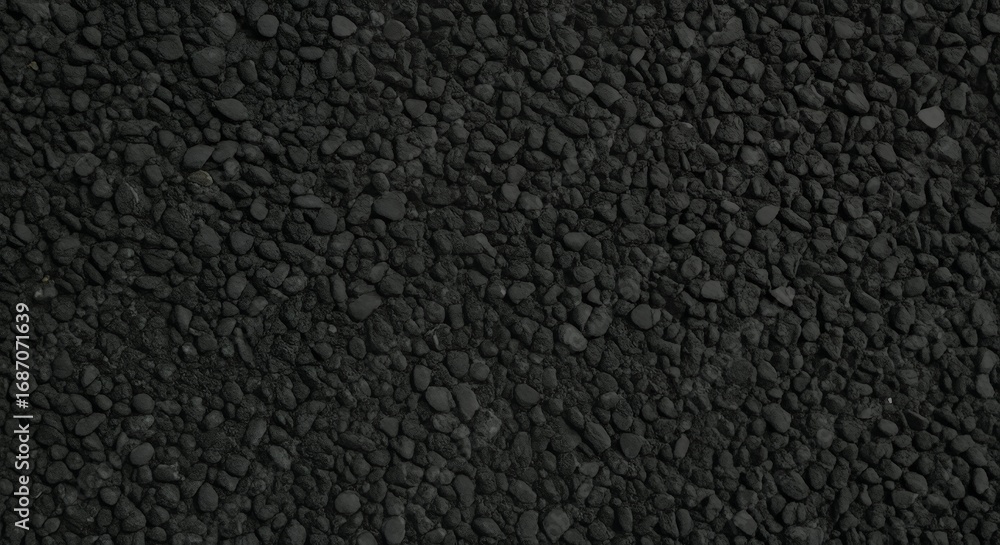 Fototapeta premium Close-up texture of black gravel stones, dark crushed rock surface background, perfect for construction, architecture, flooring, and natural abstract design concepts