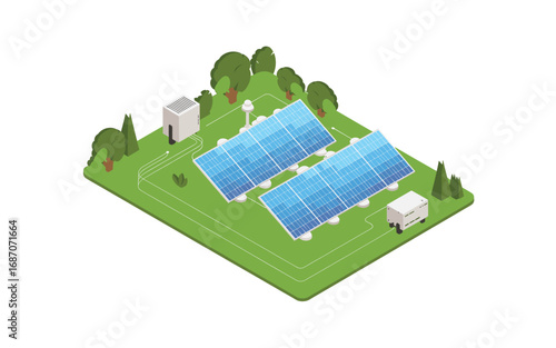 Isometric Solar Panel Farm Illustration: Sustainable Energy, Renewable Resources and Clean Power for a Greener Future Depicted on a Green Plain Landscape.