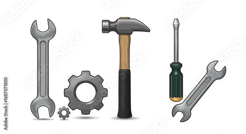 Vector illustration showcasing a set of mechanical tools isolated on white background