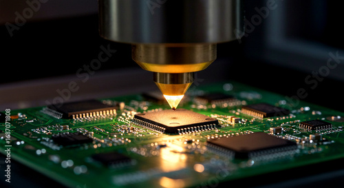 Obraz na płótnie PCB Laser Inspection Targeting Central IC Chip with Surrounding Components