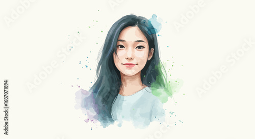 Watercolor portrait of a beautiful asian woman with long dark hair