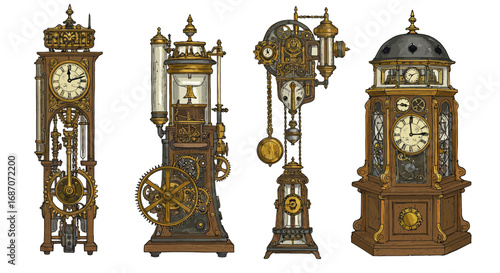 Whimsical Steampunk Clocks: A Collection of Ornate Timekeeping Devices Illustration