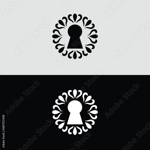 An ornate keyhole design with teardrop accents, shown in black on white and white on black, offering a stylish representation of security, privacy, and restricted entry