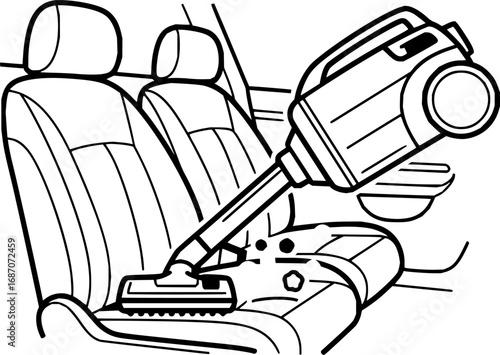 Modern vacuum cleaner in automobile, removing dust off upholstery seats in vehicle, car seat cleaning or washing service isolated outline icon
