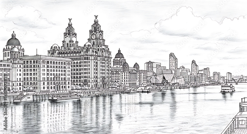 Obraz premium Liverpool, England waterfront sketch with the Three Graces. A detailed hand-drawn black and white illustration of the historic UK port city.