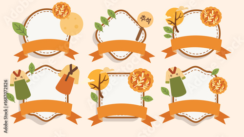 Decorative Chuseok labels with ribbons fruits and autumn elements