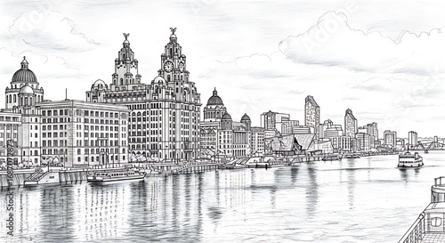 Liverpool, England waterfront sketch with the Three Graces. A detailed hand-drawn black and white illustration of the historic UK port city.