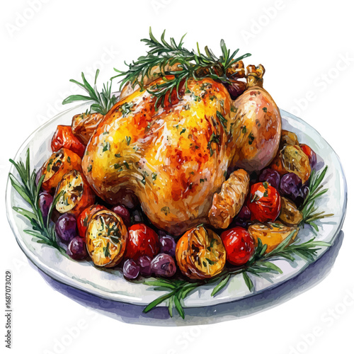 Roast Chicken, watercolor drawing vector, isolated on a white background.