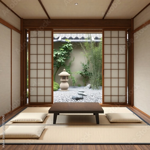 Japanese Tea Room Interior with Zen Ambiance and Wooden Accents