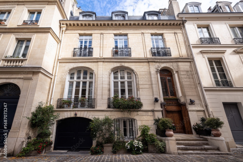 Fototapeta premium Explore the charming architecture of a Parisian townhouse surrounded by elegant buildings and lush greenery in a peaceful neighborhood