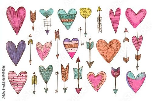 vector illustration hearts and arrows, Kids hearts and arrows doodle