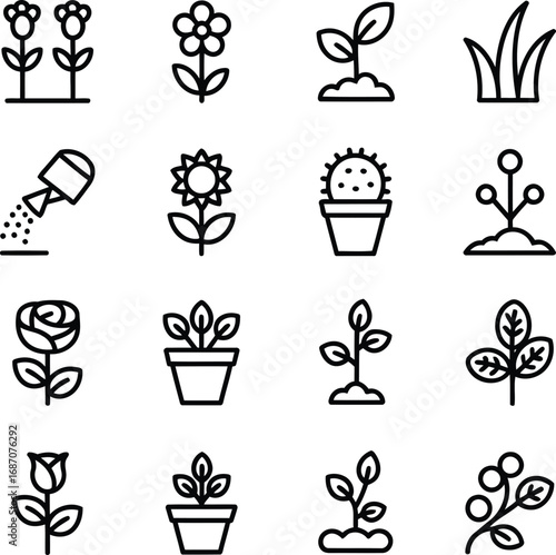 A Collection of Plant and Gardening Icons Representing Growth Cultivation and Care for the Natural World Symbolizing Horticulture and Environmental Stewardship