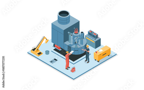 Isometric Illustration of Industrial Maintenance Team Inspecting and Repairing a High-Tech Furnace in a Modern Factory Setting with Welding Equipment