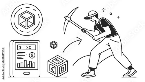 Cryptocurrency Mining Illustration - Man with Pickaxe Extracting Digital Assets.