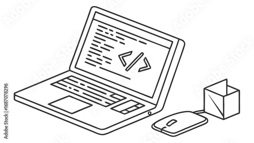 Laptop computer with code on screen and computer mouse illustration.
